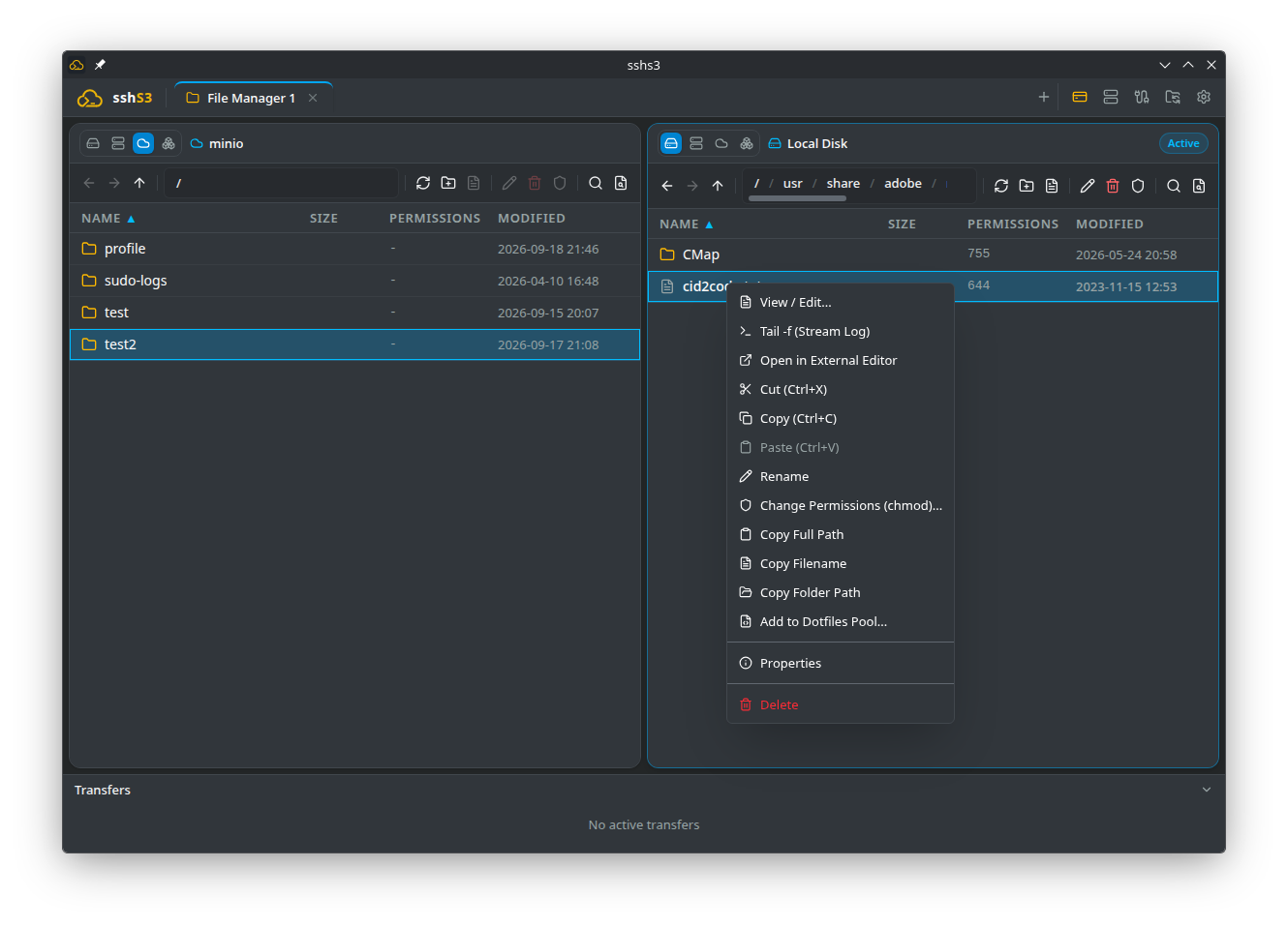 Dual-pane file manager with an S3 bucket and local disk, showing the context menu