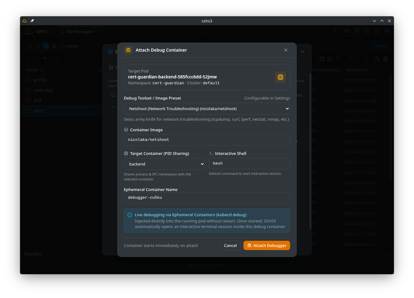 Attach Debug Container dialog with Netshoot preset