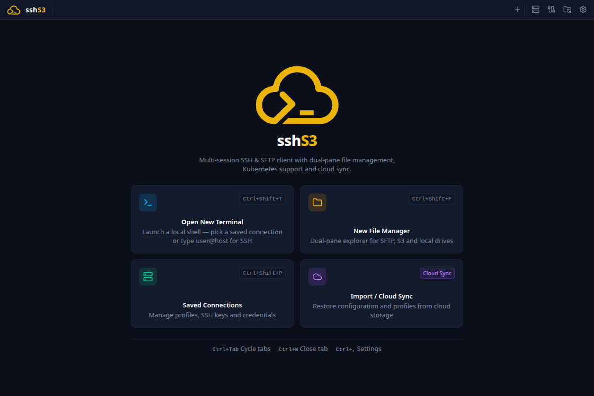 sshs3 start screen with the new cloud-terminal logo