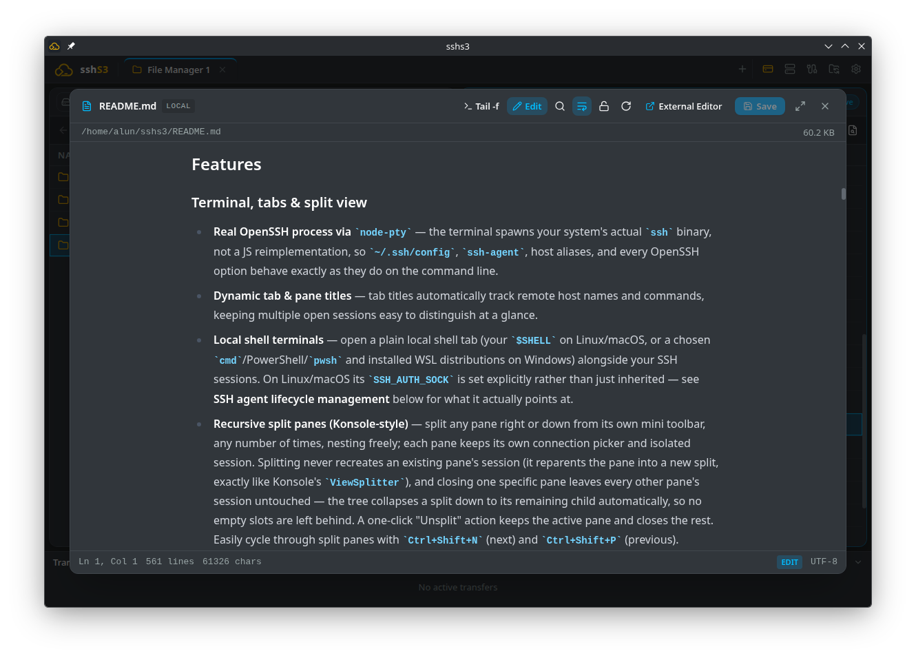 Built-in editor showing a rendered Markdown preview