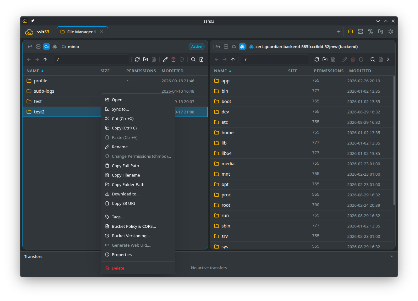 An S3 bucket next to a Kubernetes pod filesystem, with bucket policy, CORS and versioning in the context menu