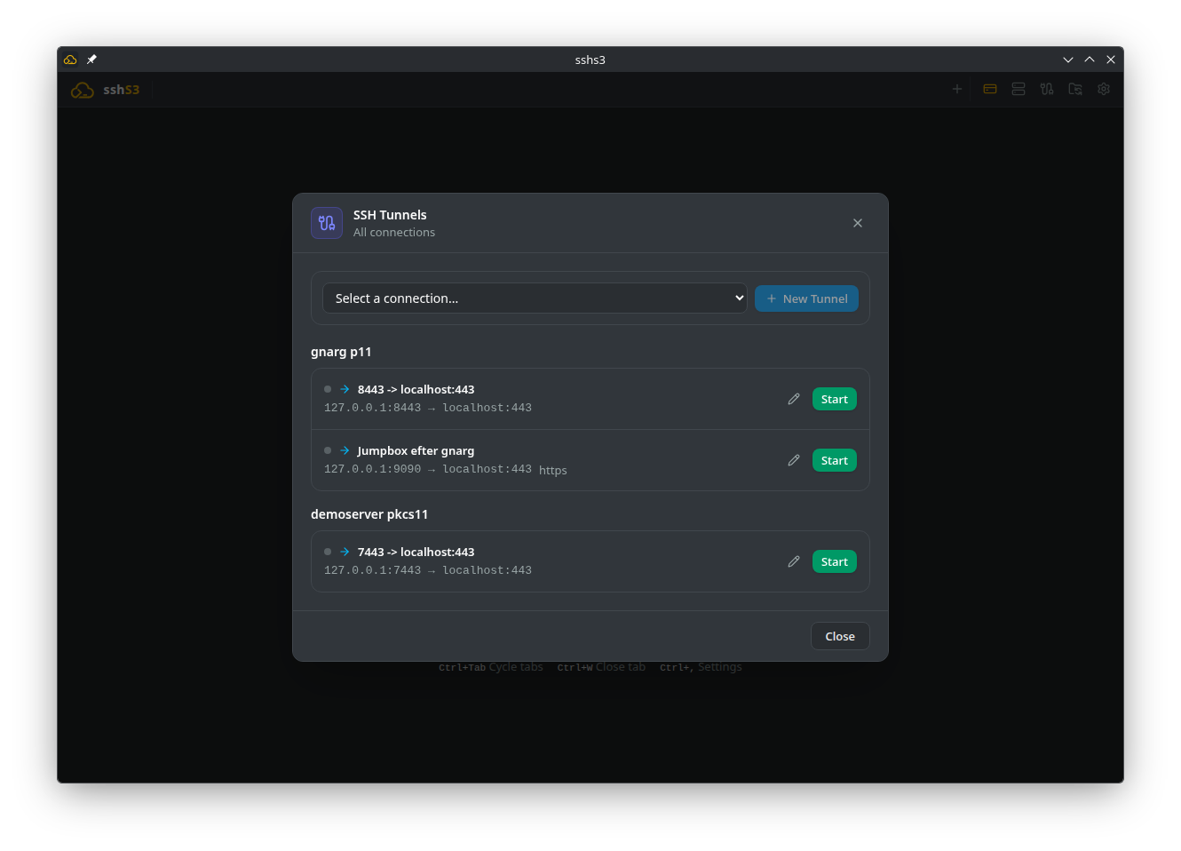 SSH Tunnels dialog listing saved forwards per connection