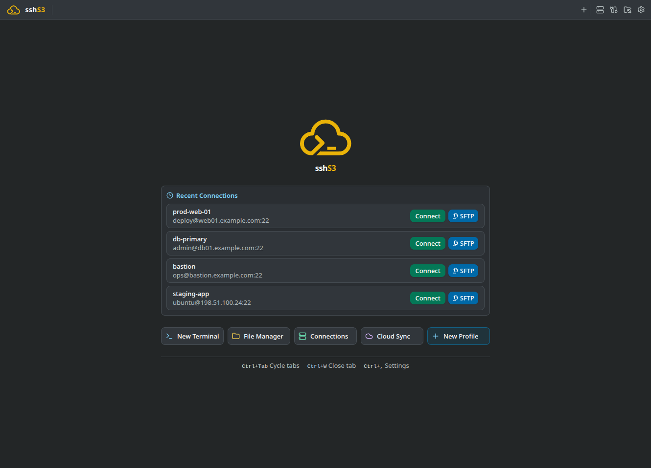 sshs3 start screen with the new cloud-terminal logo